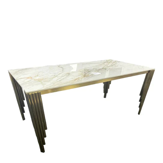 Mayfair 180CM Gold Marble Dining Table With Gold Lion Knocker Quilted Dining Chairs - Belmont Interiors