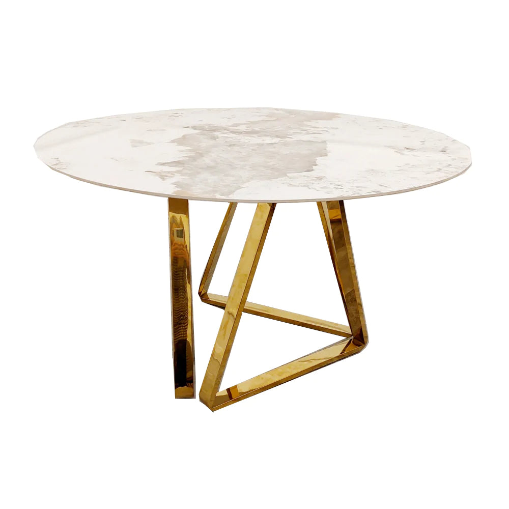 Nero 130cm Round Gold Dining Table with Pandora Gold Sintered Stone Top + Gold Lion Knocker Dining Chairs - Belmont Interiors