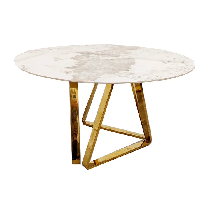 Nero 130cm Round Gold Dining Table with Pandora Gold Sintered Stone Top + Gold Lion Knocker Dining Chairs - Belmont Interiors