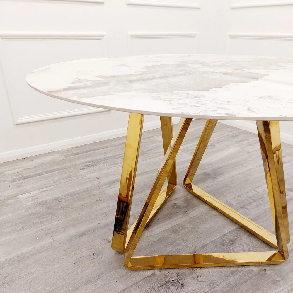 Nero 130cm Round Gold Dining Table with Pandora Gold Sintered Stone Top + Gold Lion Knocker Dining Chairs - Belmont Interiors