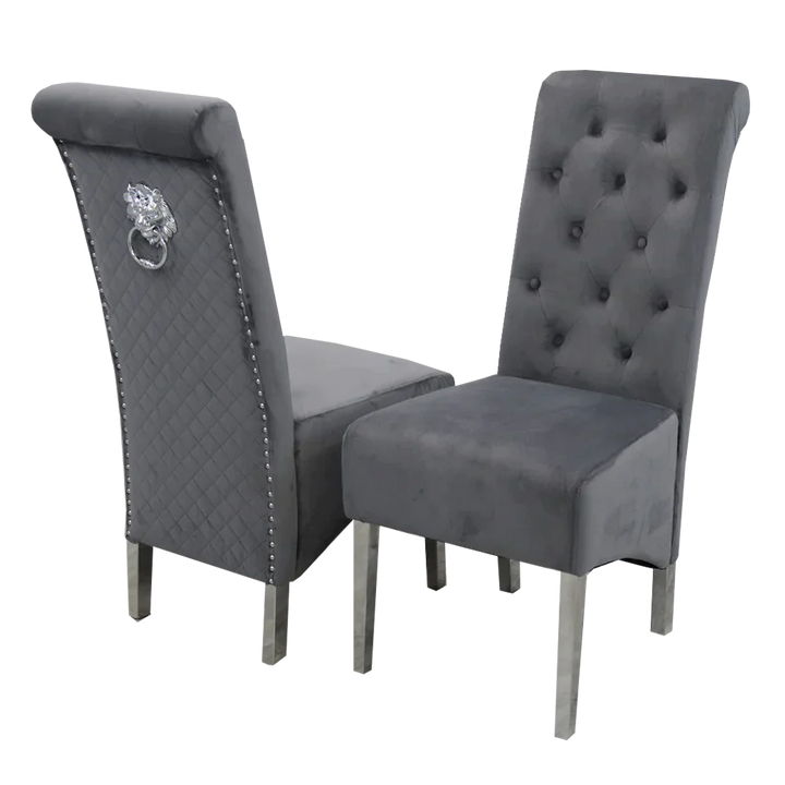 Louis Marble & Chrome Dining Table With Lucy Slim Quilted Lion Knocker Velvet Chairs - Belmont Interiors