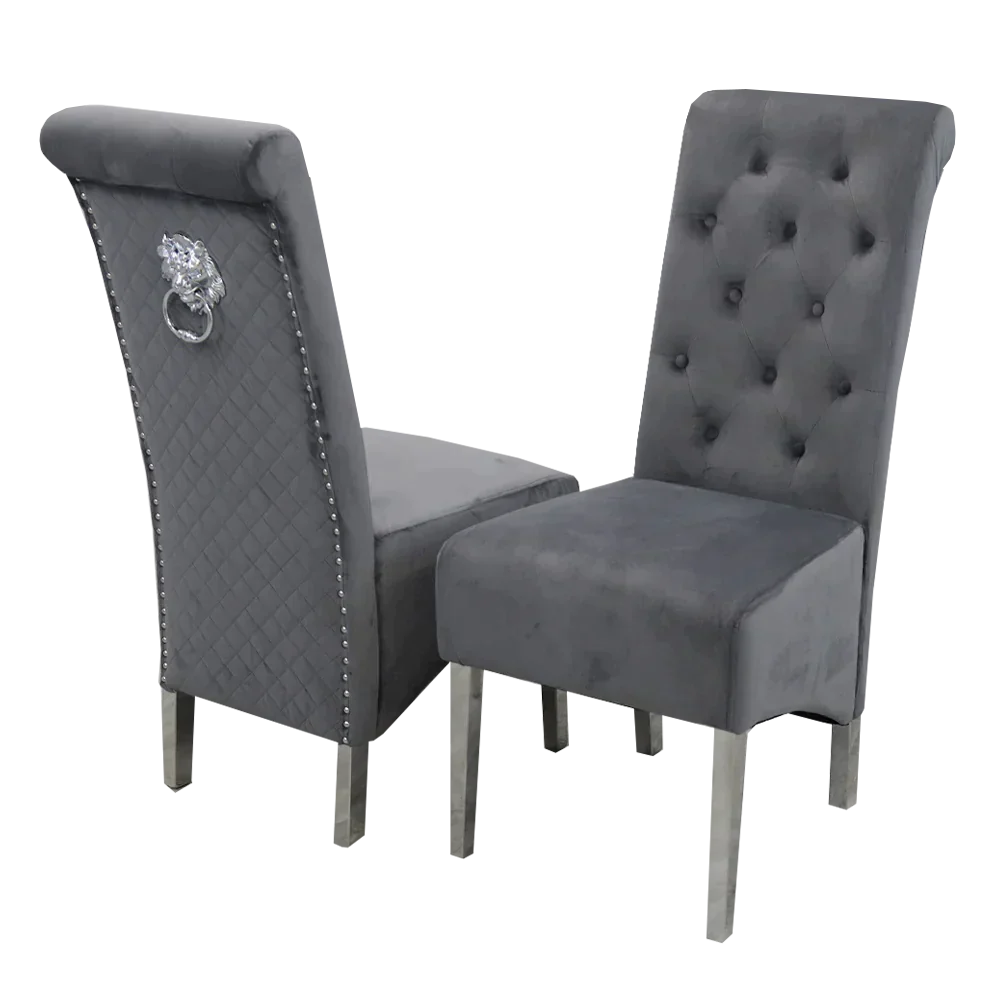 Venice 180cm Marble & Chrome Dining Table With Lucy Slim Quilted Lion Knocker Velvet Chairs - Belmont Interiors