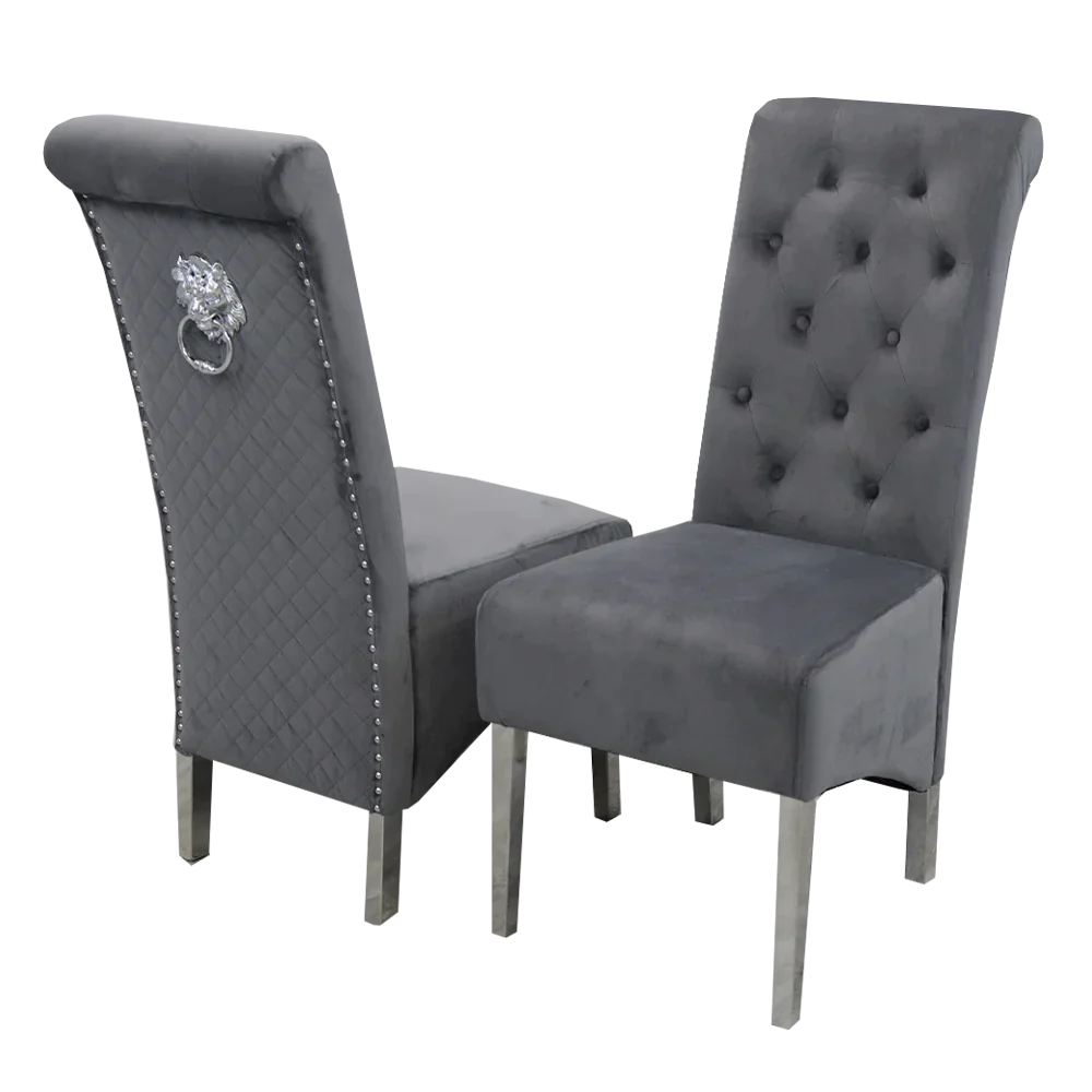 Ottavia 180cm Marble & Chrome Dining Table With Lucy Slim Quilted Lion Knocker Velvet Chairs - Belmont Interiors