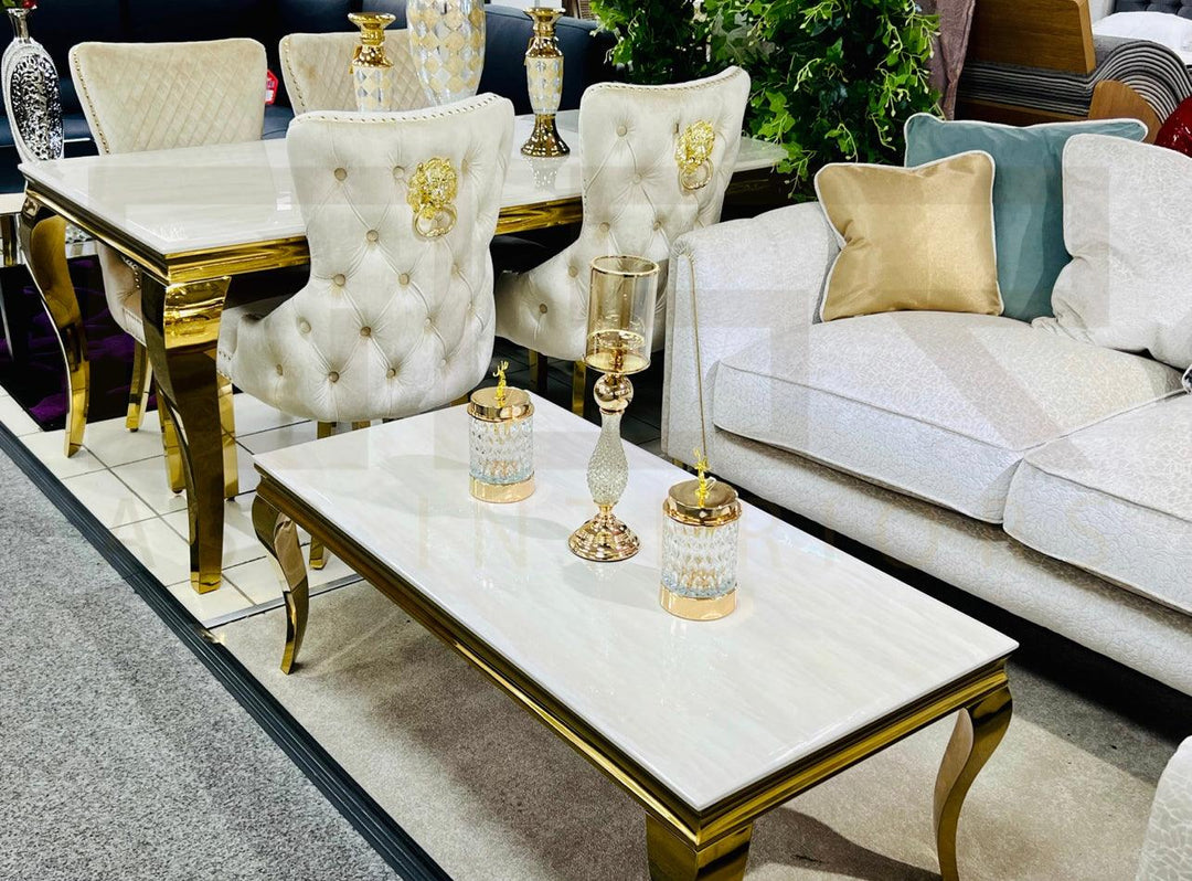 Louis 160cm Cream & Gold Marble Dining Table + Valente Cream Gold Lion Knocker Velvet Chairs - Belmont Interiors