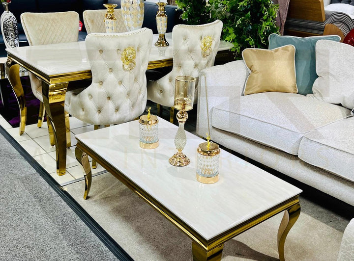 Louis 160cm Cream & Gold Marble Dining Table + Valente Cream Gold Lion Knocker Velvet Chairs - Belmont Interiors
