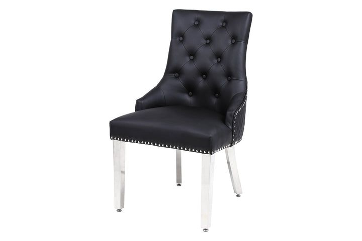 Winchester Black PU Dining Chair Faux Leather Lion Knocker Chrome - Belmont Interiors