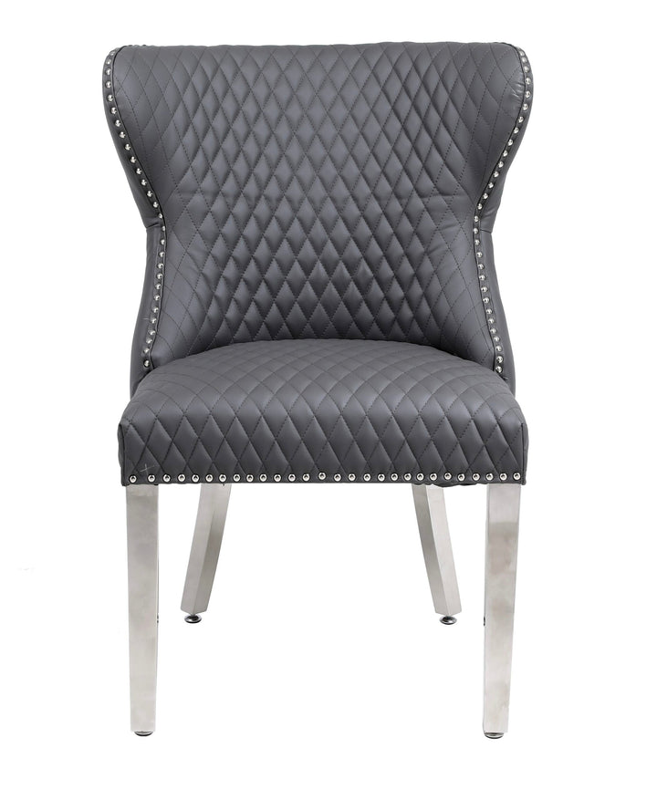 Valentino Grey Quilted PU Leather Chrome Leg Lion Knockerback Dining Chair - Belmont Interiors