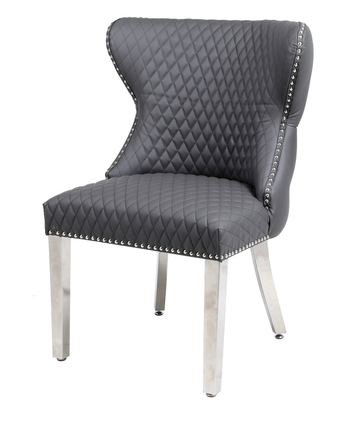 Valentino Grey Quilted PU Leather Chrome Leg Lion Knockerback Dining Chair - Belmont Interiors