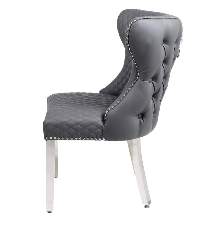 Valentino Grey Quilted PU Leather Chrome Leg Lion Knockerback Dining Chair - Belmont Interiors