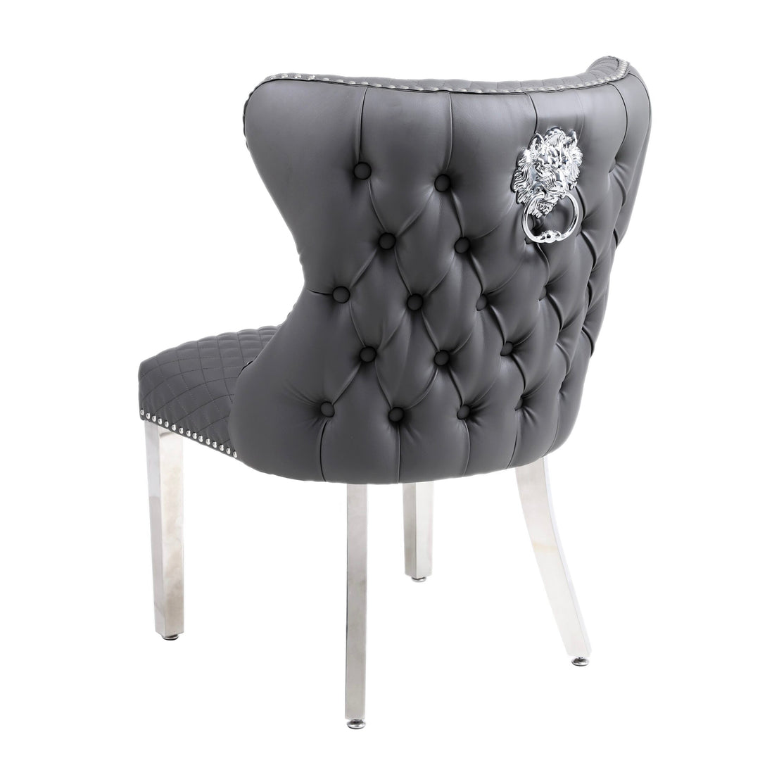 Valentino Grey Quilted PU Leather Chrome Leg Lion Knockerback Dining Chair - Belmont Interiors