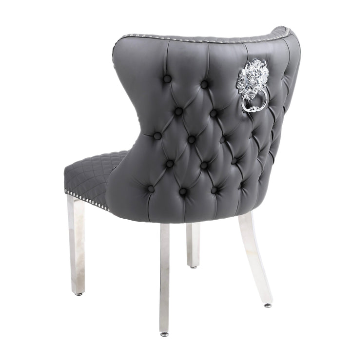 Valentino Grey Quilted PU Leather Chrome Leg Lion Knockerback Dining Chair - Belmont Interiors