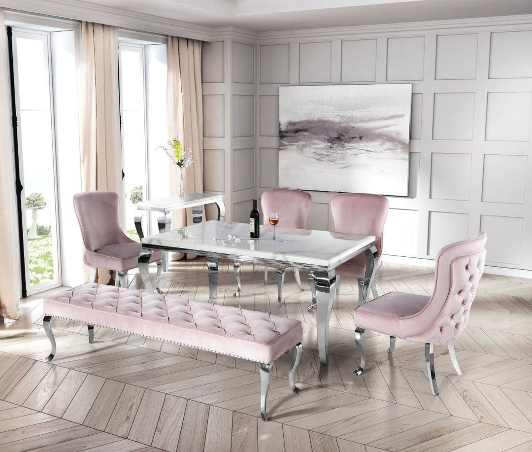 Louis White 150cm Marble Dining Table + Pink Button Back Cross Leg Chairs, 140cm Bench - Belmont Interiors