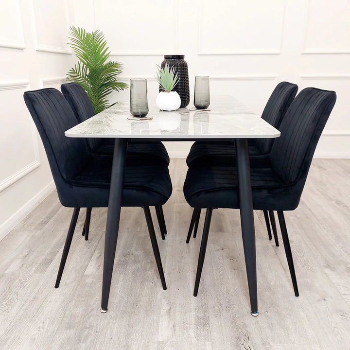 Titus 140cm Black Dining Table with Sintered Ceramic Stone Top + Dido Black Velvet Dining Chairs - Belmont Interiors