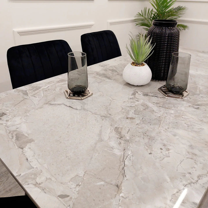Titus 140cm Black Dining Table with Sintered Ceramic Stone Top + Dido Black Velvet Dining Chairs - Belmont Interiors