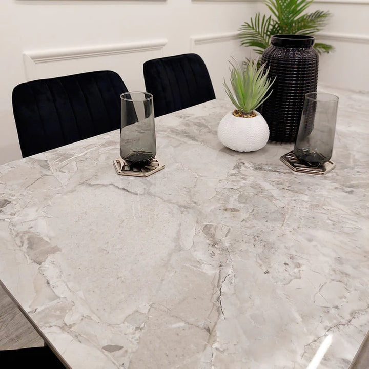 Titus 140cm Black Dining Table with Sintered Ceramic Stone Top + Dido Black Velvet Dining Chairs - Belmont Interiors