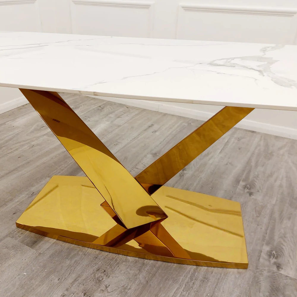 Valeo 1.8 Dining Table with Polar White Sintered Stone Top And Gold Base - Belmont Interiors