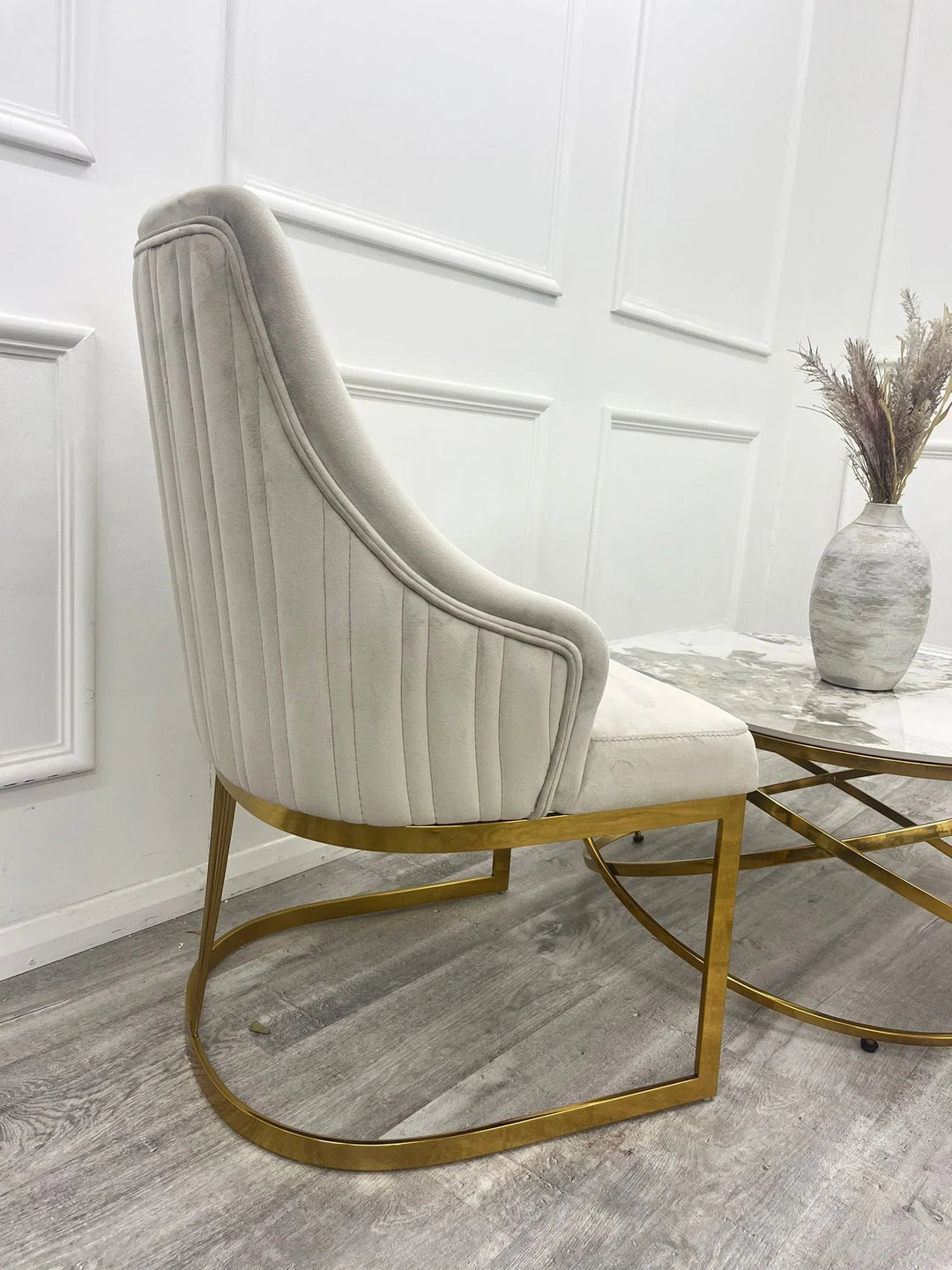 Louis Gold Marble Dining Table With Carlton Cream/Gold Velvet Dining Chairs-Dining Table & Chairs Set-Cuthwells-Belmont Interiors