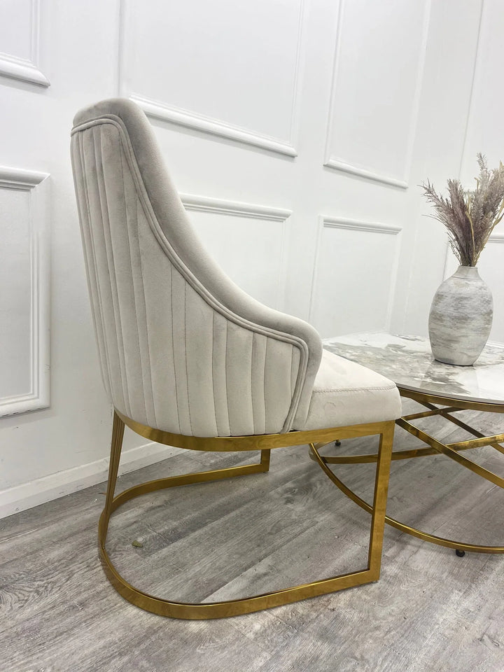 Louis Gold Marble Dining Table With Carlton Cream/Gold Velvet Dining Chairs-Dining Table & Chairs Set-Cuthwells-Belmont Interiors