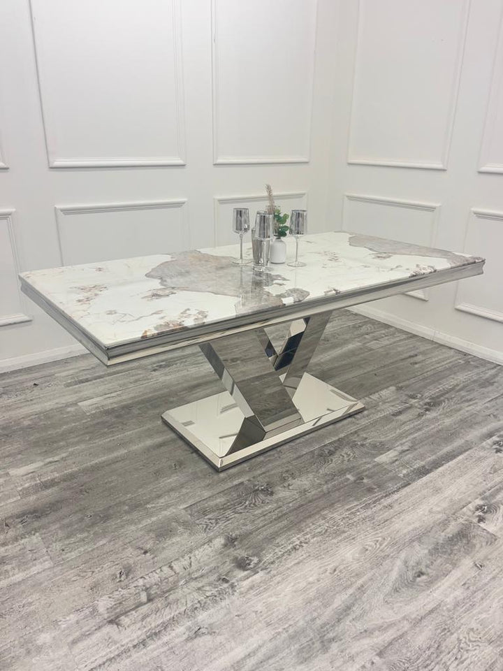 Venice 180cm Marble & Chrome Dining Table With Lucy Slim Quilted Lion Knocker Velvet Chairs - Belmont Interiors