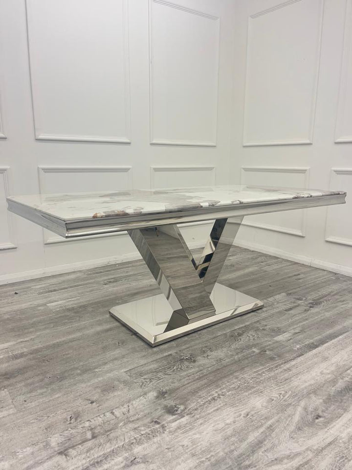 Venice 180cm Marble & Chrome Dining Table With Chrome Ring Knocker Velvet Chairs - Belmont Interiors
