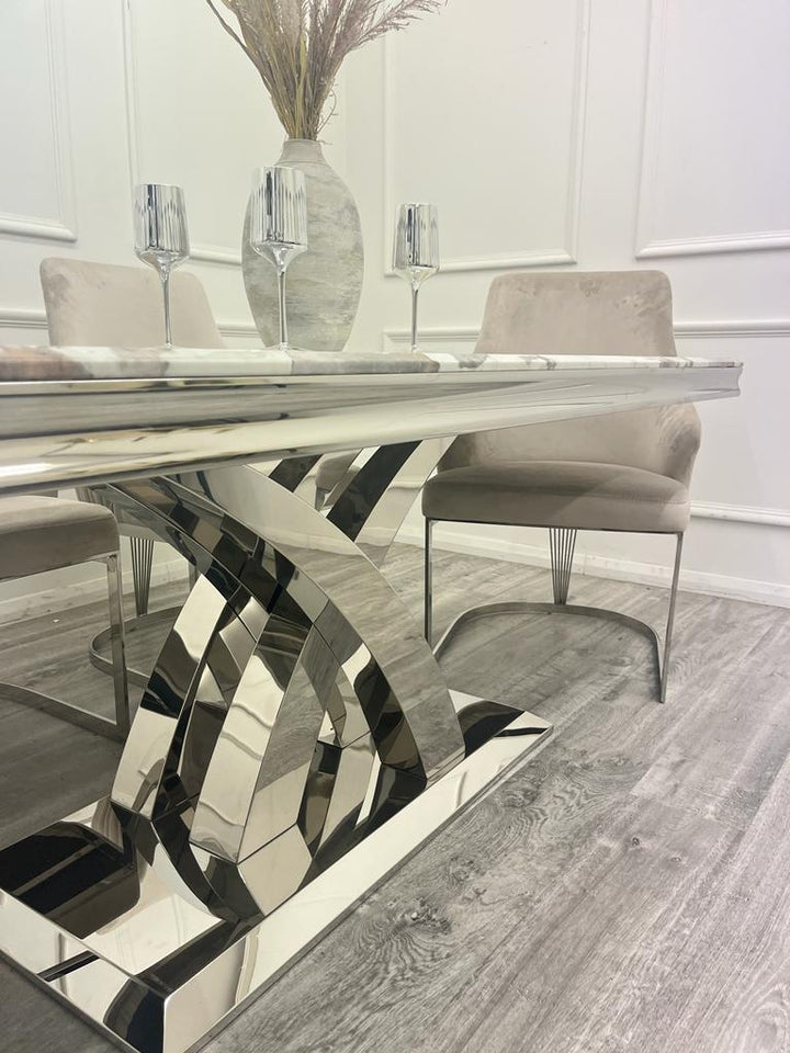 Ottavia 180cm Marble & Chrome Dining Table With Chrome Ring Knocker Velvet Chairs - Belmont Interiors