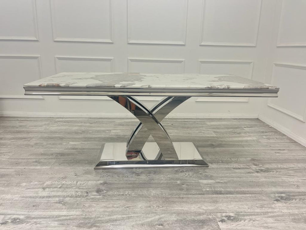 Ottavia 180cm Marble & Chrome Dining Table With Chrome Ring Knocker Velvet Chairs - Belmont Interiors