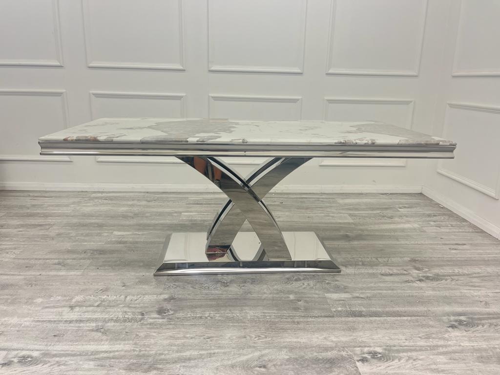 Ottavia 180cm Marble & Chrome Dining Table With Chrome Ring Knocker Velvet Chairs - Belmont Interiors