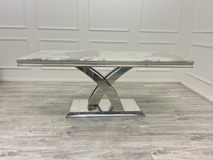 Ottavia 180cm Marble & Chrome Dining Table With Chrome Ring Knocker Velvet Chairs - Belmont Interiors