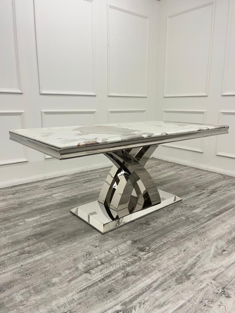 Ottavia 180cm Marble & Chrome Dining Table With Chrome Ring Knocker Velvet Chairs - Belmont Interiors