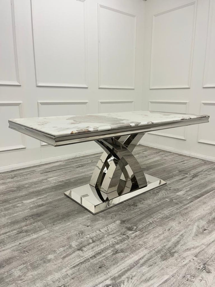 Ottavia 180cm Marble & Chrome Dining Table With Chrome Ring Knocker Velvet Chairs - Belmont Interiors