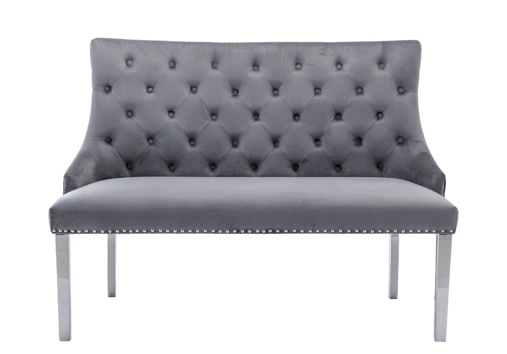 Majestic Lion Knocker Quilted High Back Grey Plush Velvet 130cm Dining Bench - Belmont Interiors
