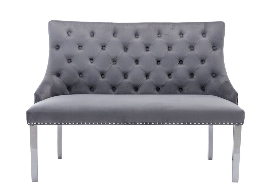 Majestic Lion Knocker Quilted High Back Grey Plush Velvet 130cm Dining Bench - Belmont Interiors