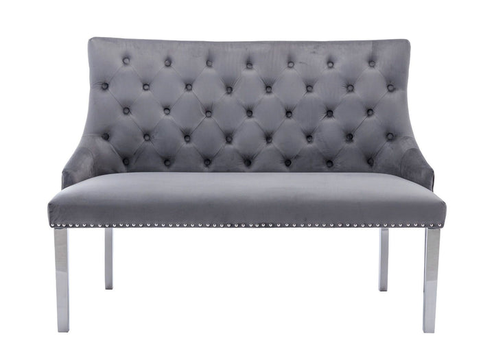 Majestic Lion Knocker Quilted High Back Grey Plush Velvet 130cm Dining Bench - Belmont Interiors