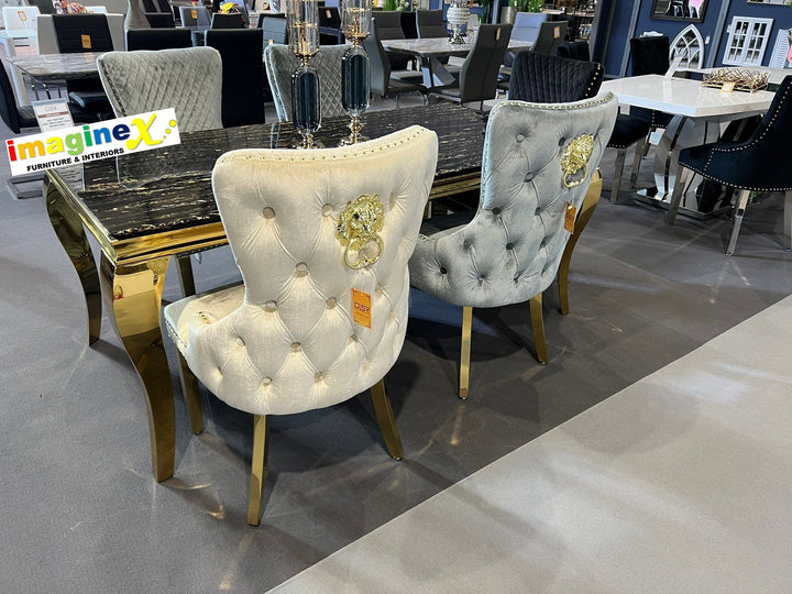 Valencia Cream Mink Quilted Plush Velvet Gold Leg Lion Knockerback Dining Chair - Belmont Interiors