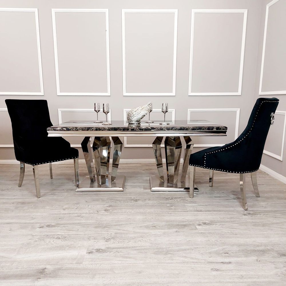 Arturo 180cm Marble Dining Table + Lion Knocker Quilted Dining Chairs - Belmont Interiors