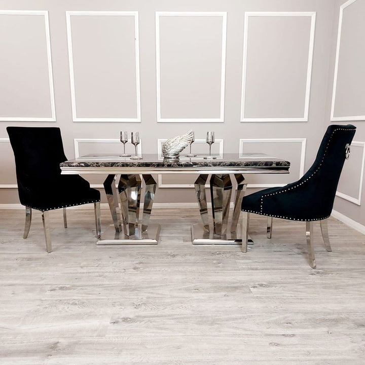 Arturo 180cm Marble Dining Table + Lion Knocker Quilted Dining Chairs - Belmont Interiors