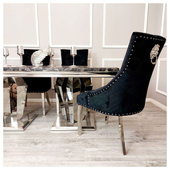 Arturo 180cm Marble Dining Table + Lion Knocker Quilted Dining Chairs - Belmont Interiors