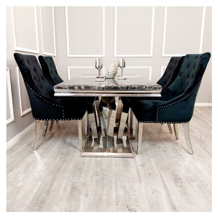 Arturo 180cm Marble Dining Table + Lion Knocker Quilted Dining Chairs - Belmont Interiors