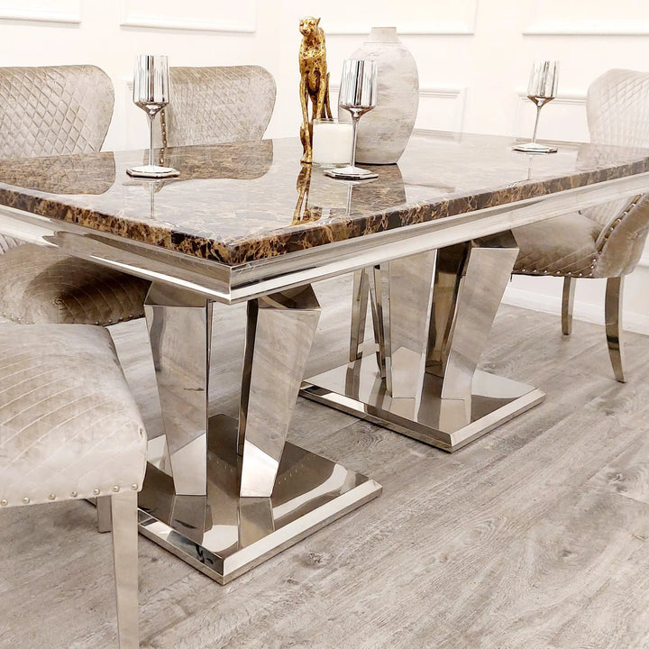 Arturo 180cm Marble Dining Table + Lion Knocker Quilted Dining Chairs - Belmont Interiors