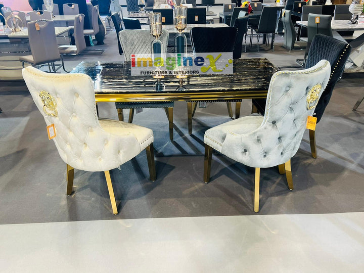 Valencia Cream Mink Quilted Plush Velvet Gold Leg Lion Knockerback Dining Chair - Belmont Interiors
