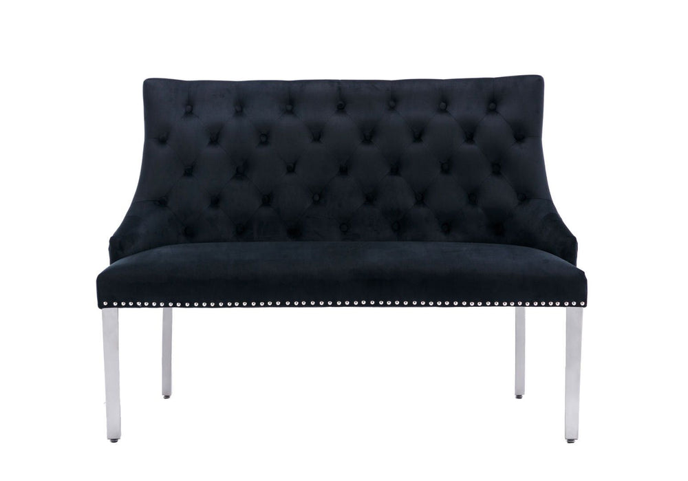 Majestic Lion Knocker Quilted High Back Black Plush Velvet 130cm Dining Bench - Belmont Interiors