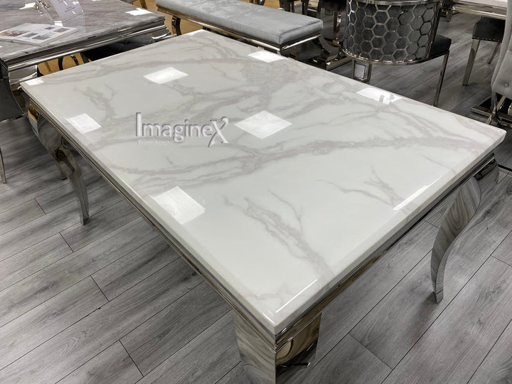 Louis 160cm White Marble Dining Table + Grey Lion Knocker Plush Velvet Chairs - Belmont Interiors