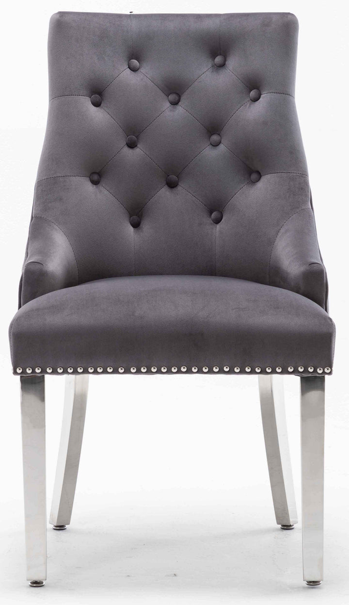 Louis 160cm White Marble Dining Table + Knightsbridge Dark Grey Knocker Plush Velvet Chairs - Belmont Interiors