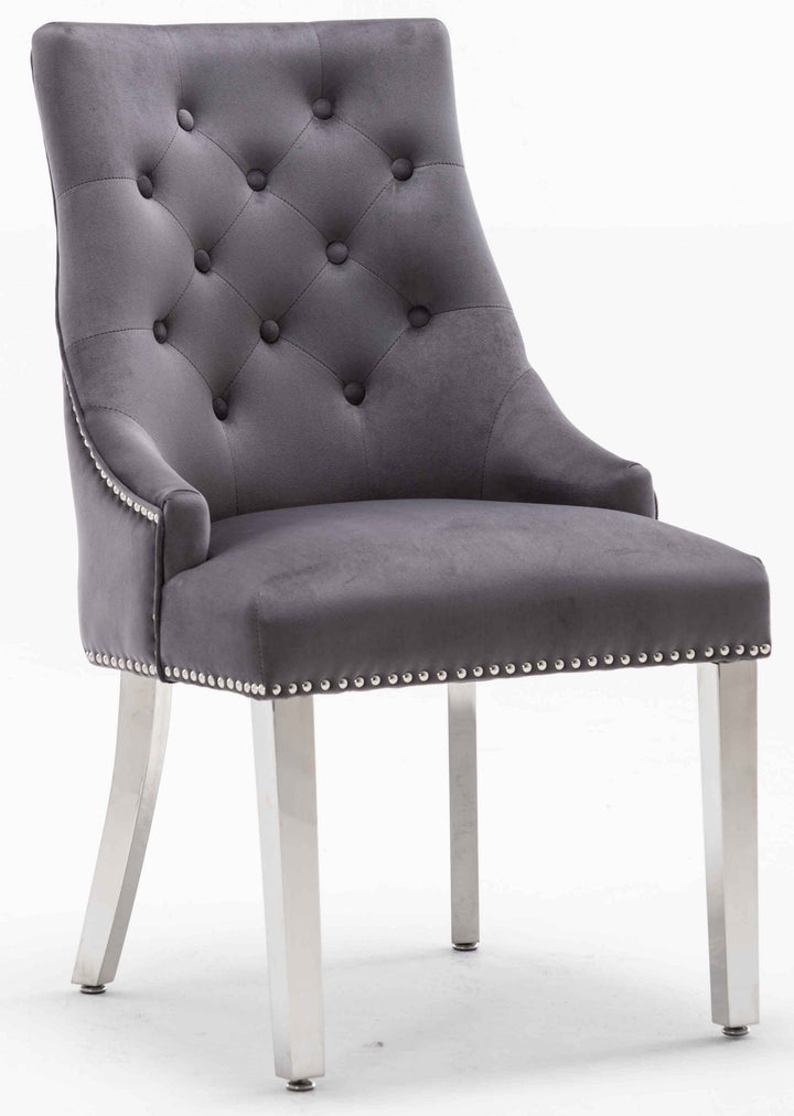 Louis 120cm Grey Marble Dining Table + Knightsbridge Dark Grey Knocker Plush Velvet Chairs - Belmont Interiors