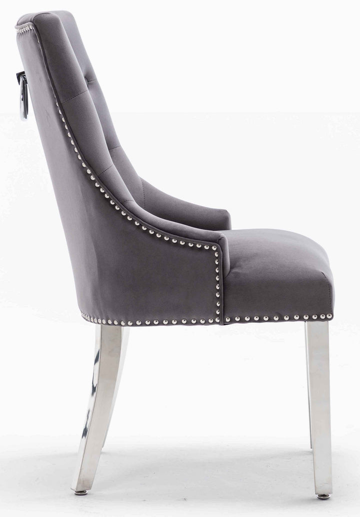 Louis 120cm Grey Marble Dining Table + Knightsbridge Dark Grey Knocker Plush Velvet Chairs - Belmont Interiors
