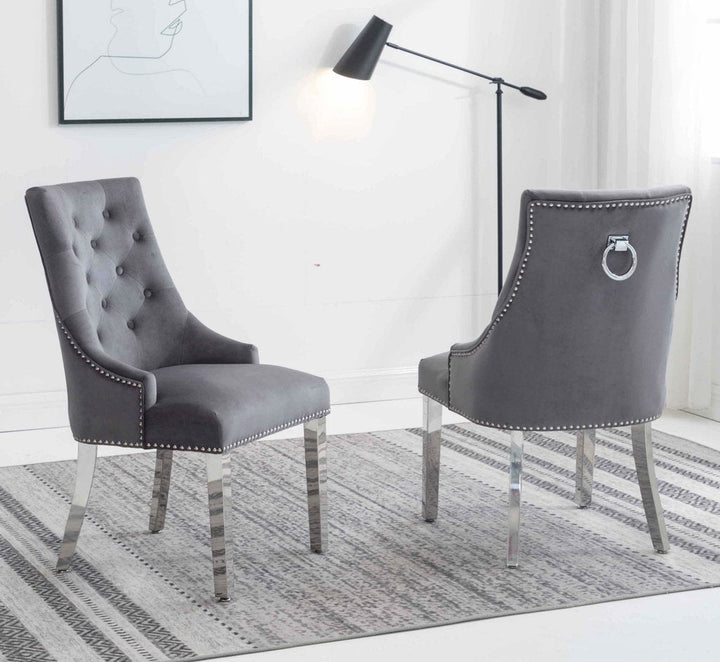 Louis 120cm White Marble Dining Table + 2 Grey Ring Knocker Chairs + 110cm Bench - Belmont Interiors