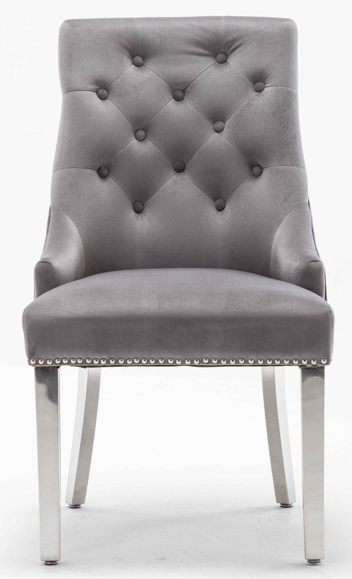 Louis 120cm Grey Marble Dining Table + Knightsbridge Light Grey Knocker Plush Velvet Chairs - Belmont Interiors