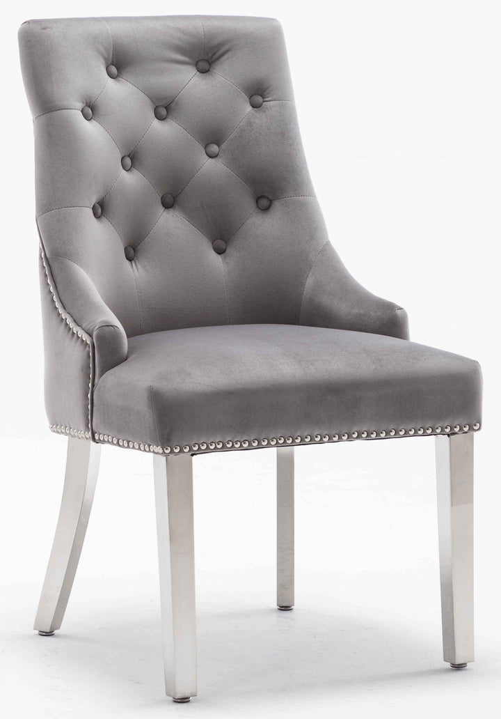 Louis 150cm White Marble Dining Table + Knightsbridge Light Grey Knocker Plush Velvet Chairs - Belmont Interiors