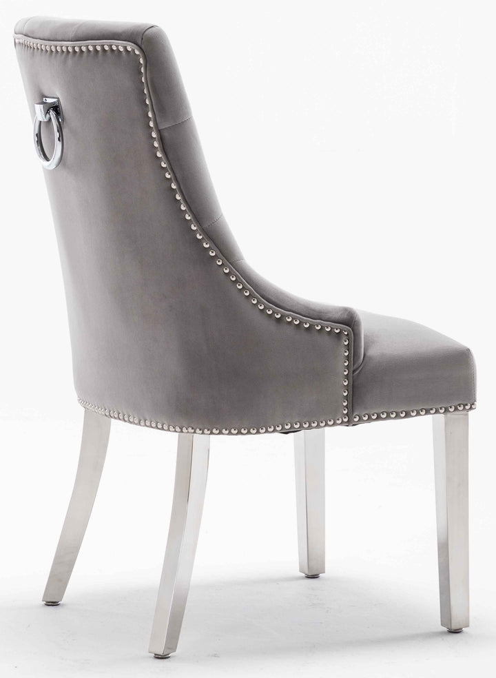 Louis 150cm White Marble Dining Table + Knightsbridge Light Grey Knocker Plush Velvet Chairs - Belmont Interiors