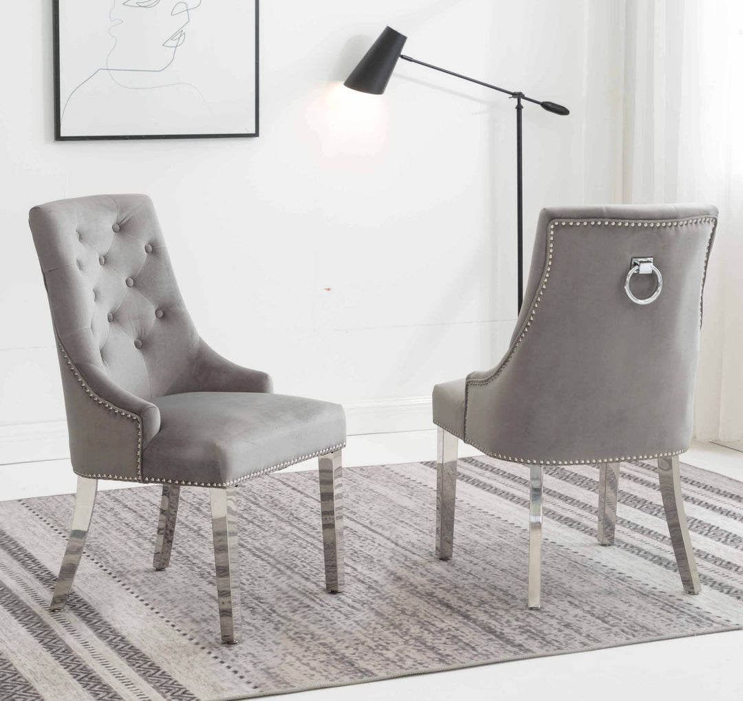 Louis 120cm Grey Marble Dining Table + Knightsbridge Light Grey Knocker Plush Velvet Chairs - Belmont Interiors